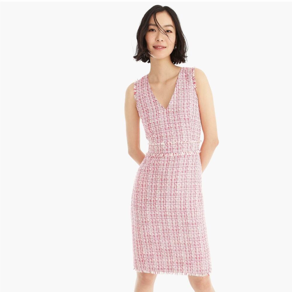 J.Crew Pink & Red Metallic Tweed Fringe Sleeveless V-Neck Sheath Dress
